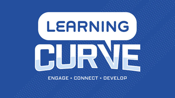 The logo for Learning Curve displays the name of the series against a blue backdrop with "engage + connect + develop" written underneath.