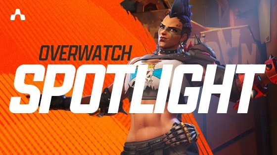 A graphic featuring 'Overwatch' tank Junker Queen with the words "Overwatch Spotlight" stylized in orange and white.